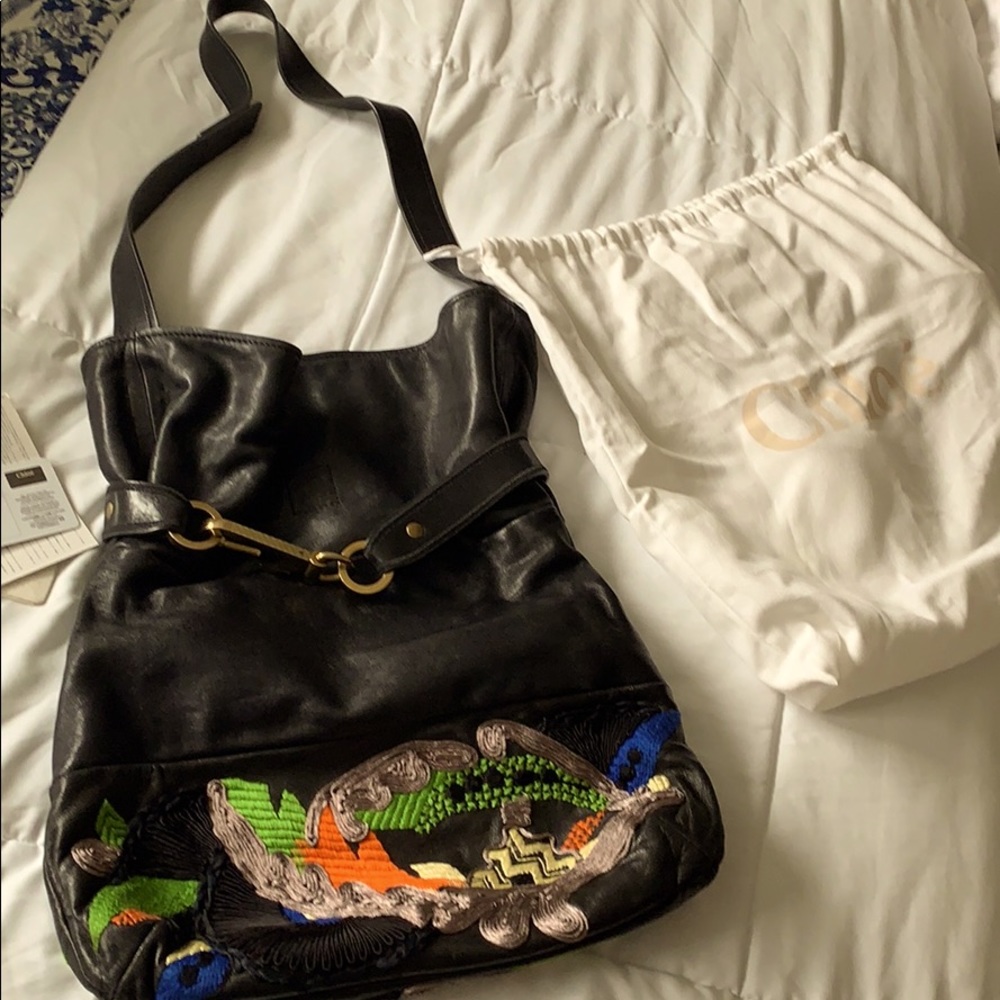 Chloe  black embroidery leather bucket bag -